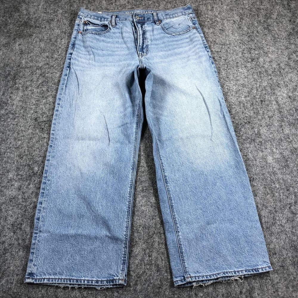 American Eagle Stovepipe Jeans Womens 12 S Light Wash High Rise Wide Leg Stretch